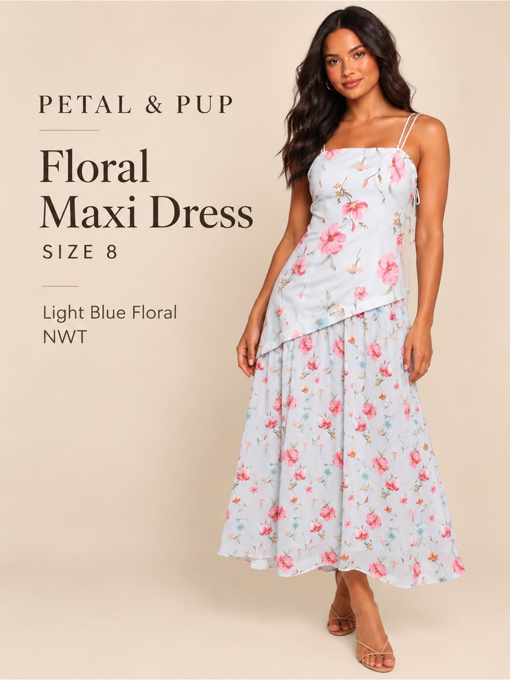 Petal & Pup Light Blue Floral Maxi Dress with Pink Blooms Size 8 NWT